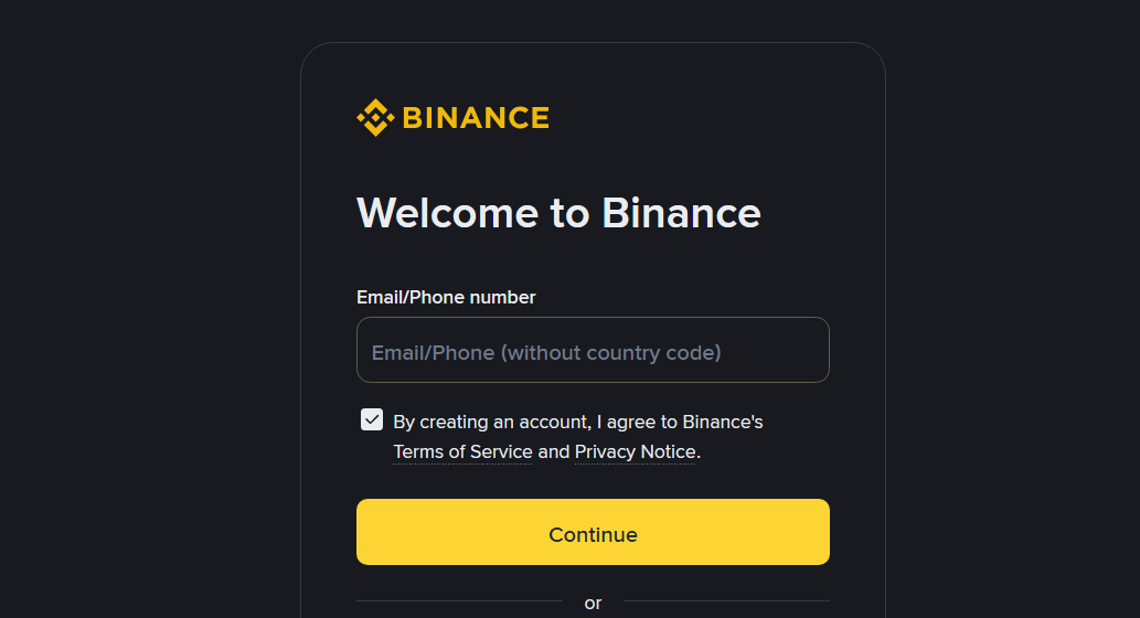 Binance registration page