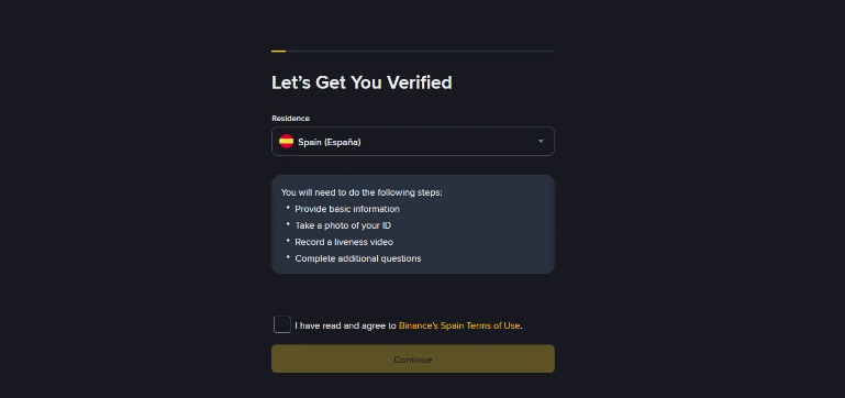 Binance KYC verification page