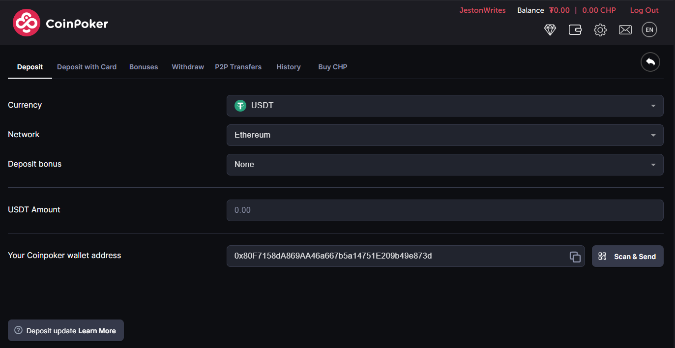 The deposit page of CoinFutres