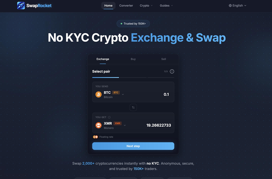 No KYC crypto exchanges SwapRocket homepage